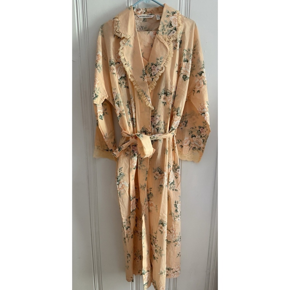 NOS Vintage Victoria's Secret L 3 Pc Pajama Set Robe Vest Pants Peach Floral 90s